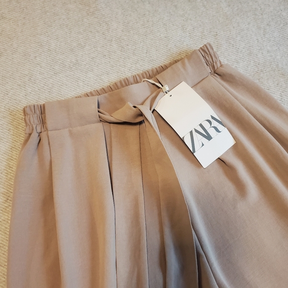ZARA Tie Up Wide Leg Beige Flowy Pants - Picture 6 of 16